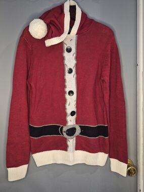 Ugly Christmas Sweater Red Santa Belt Hooded Crew